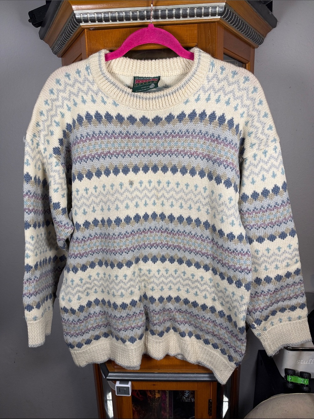 Joseph Abboud Cream Crewneck Sweater with Blue and Lavender Fair Isle